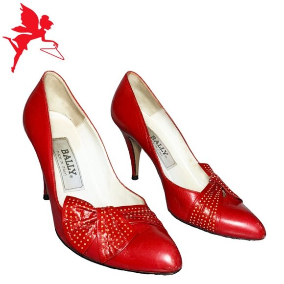 VINTAGE BALLY Leather Pump with Polka Dot Bow Detail - Picture 2 of 9
